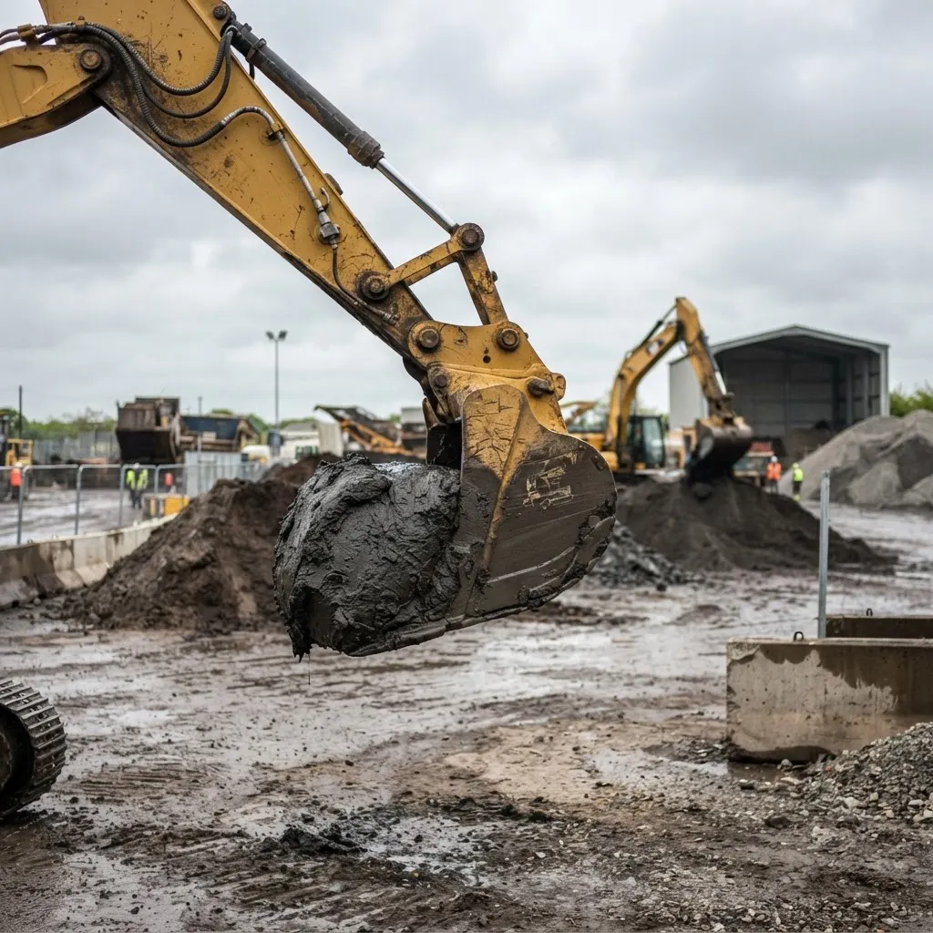 Excavator bucket lifting treated industrial sludge that holds its shape